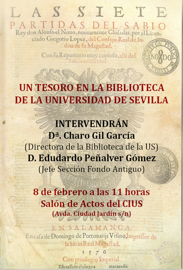 Cartel anunciador conferencia UN TESORO EN LA BIBLIOTECA DE LA UNIVERSIDAD DE SEVILLA