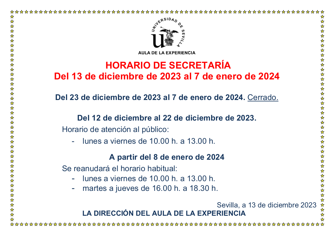 HORARIO DE SECRETARIA NAVIDAD 2023