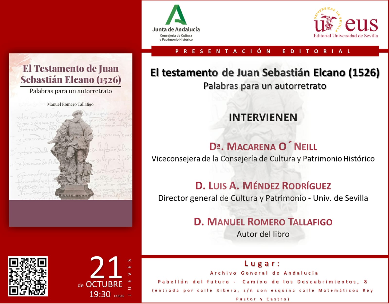 Acto de Presentación Editorial de la obra “El Testamento de Juan Sebastián Elcano (1526); Palabra para un Autoretrato” del Profesor Dr. Manuel Romero Tallafigo