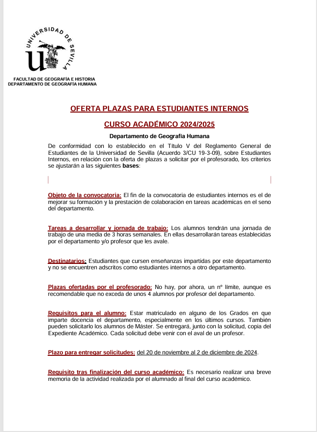 Convocatoria de Alumnos Internos para el Dpto. de Geografía Humana.